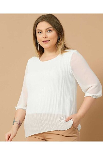 ZY BUTİK Plus Size White Three-Quarter Sleeve Pleated Stylish Chiffon Blouse