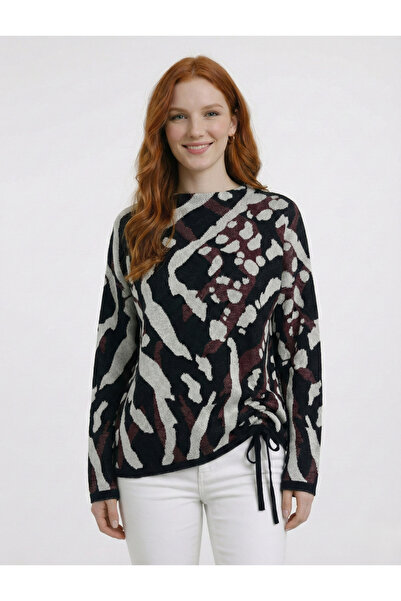 Neden Tekstil Black Ecru Purple Patterned Boat Neck Side Tie Sweater