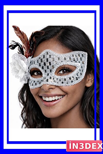 İN3DEX Silver Prom Mask with Feathered Side Accessories