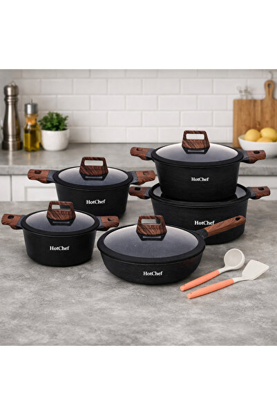 Hotchef 12 Piece Non-Stick Cookware Set, Mineral Coating, Glass Lids, Wood Ha...