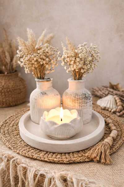 VİYAM SİYAH DESENLİ ÖZEL TASARIM MUMLUK VE VAZO AKSESUAR SETİ