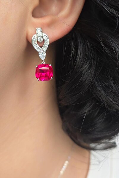 MorMajor Silver YAKUT RUBY BAGET KESİM GÜMÜŞ KÜPE