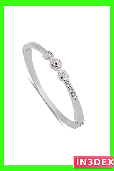 İN3DEX Large Stone Detailed Handcuff Bracelet Silver Tone