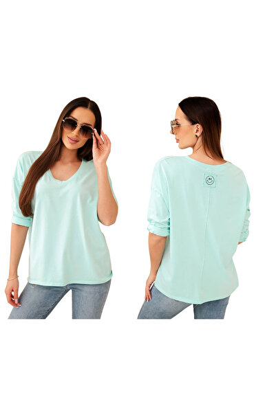 Kesi Miętowa bluzka damska bawełniana z dekoltem V i rękawem 3/4