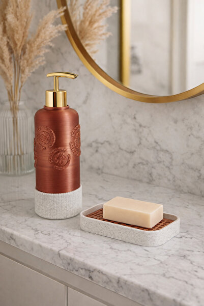 Katmanatolye Bakır Mermer Görünümlü Gold Aksesuarlı 2’li Sıvı + Katı Sabunluk...