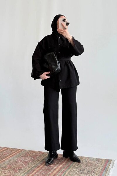 Miraydın Butik Waist-Tied Snap Fastener Gabardine Suit - Black