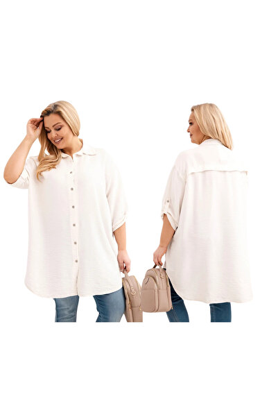 Kesi Cămașă bej din viscoză pentru femei, mărime mare, cu spate mai lung