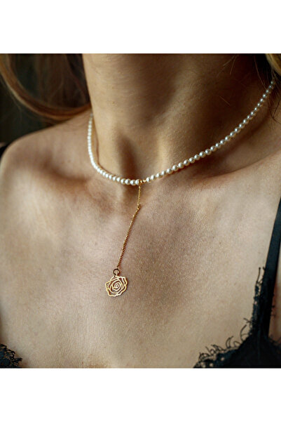 BLACK SWAN Bijoux Colier cu perle rotunde si Aur 14K - Pandantiv trandafir cu...