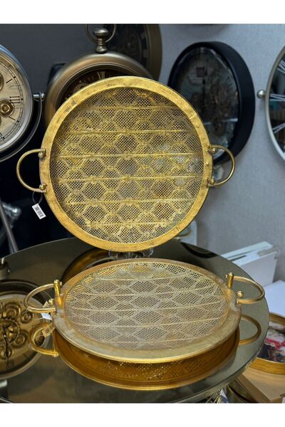 city gold 2'Li Telkari Metal Eskitme Gold 4-6 Kişilik Tepsi