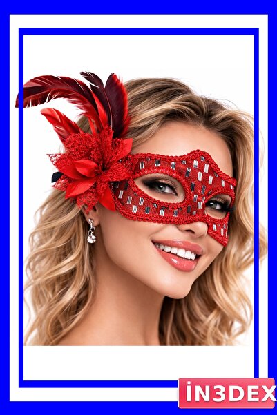 İN3DEX Red Feather Party Mask Prom Accessory