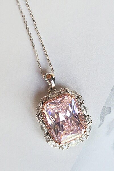 MorMajor Silver ICE CUT PEMBE BÜYÜK TAŞLI GÜMÜŞ KOLYE
