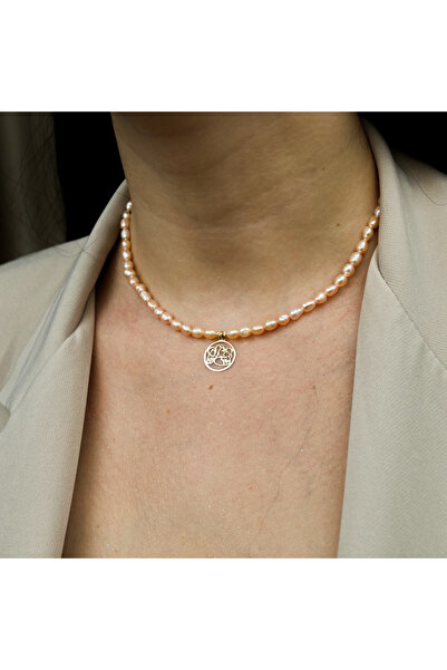 BLACK SWAN Bijoux Necklace made of natural peach rose pearls, gold balls and ...