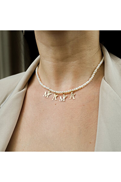 BLACK SWAN Bijoux Colier din perle albe naturale si litere din aur 'MAMA'