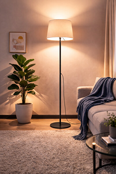 Ultra Home Aqua Model Siyah Metal Ayaklı Bohem Lambader 145 cm Kumaş Başlıklı...