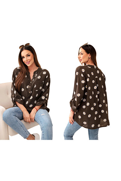 Kesi Brązowa lniana damska bluzka w kwiaty z długim rękawem i guzikami