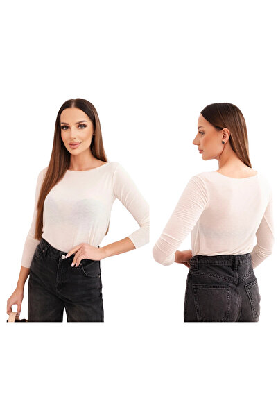 Kesi Jasno beżowa bluzka damska z kaszmiru z okrągłym dekoltem i długim rękawem