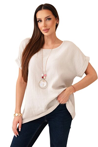 Kesi Bluză bej din MUSELINĂ pentru femei cu colier