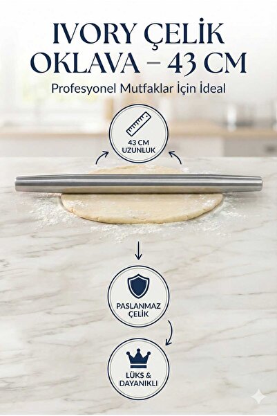 LOVYCO Paslanmaz Çelik Oklava 43 cm - Yapışmaz Hijyenik Metal Hamur Açma Rulo...