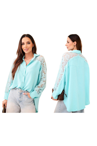 Kesi Women's mint shirt with Lace sleeves and longer back