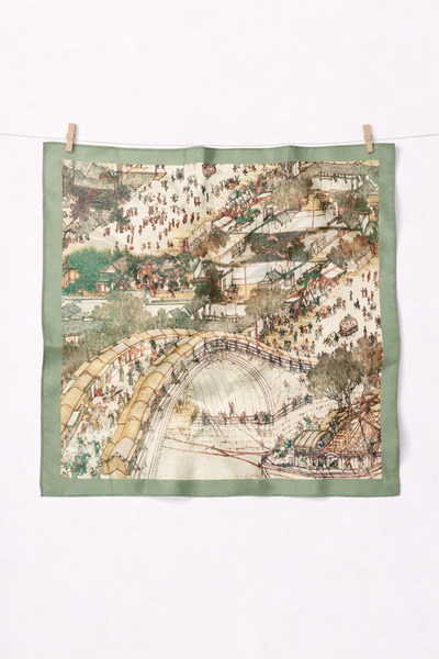 AGAPI Vintage City Patterned Satin Scarf – Stylish Women's Scarf with Green B...