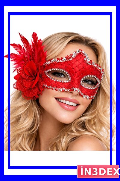 İN3DEX Red Feathered Ball Mask Venetian Style Party Accessory