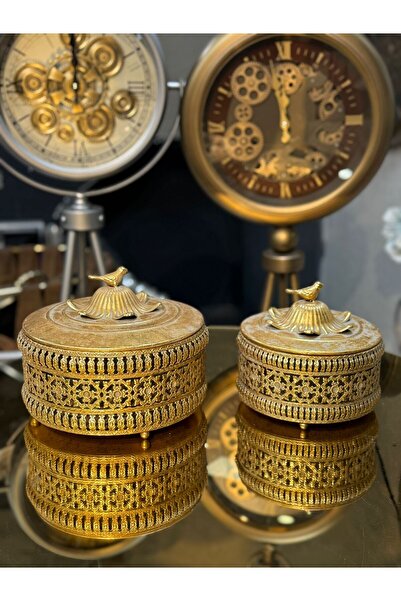 city gold 2'Li Telkari Metal Kuş Figürlü Gold Dekoratif Kutu