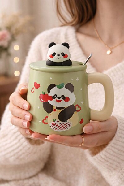 HEPBİMODA Sevimli Panda Kupa Kaşıklı Kupa Bardak Hediyelik Kupa
