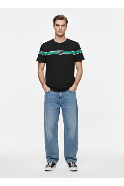 Ltb Striped Logo Printed Black T-Shirt