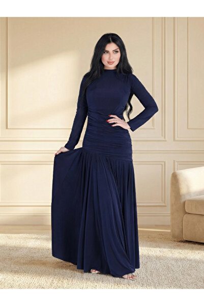 TREN Sophisticated Navy Blue Modest Evening Gown in Soft Stretch Material wit...