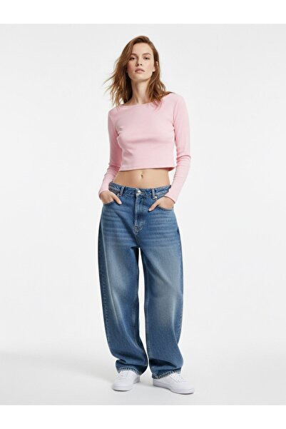 Ltb Long Sleeve Crew Neck Crop Pink Sweatshirt