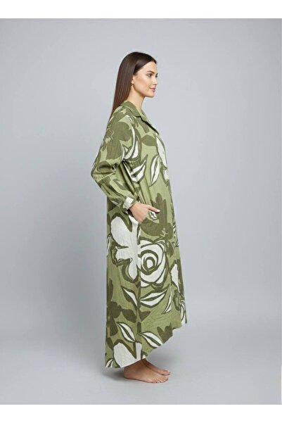 Rabiossa KADIN DÜĞMELİ İTALYAN DESENLİ KETEN ELBİSE