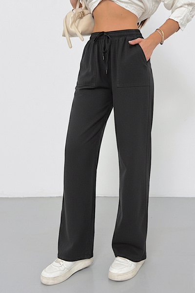 Lusin Women's Black High Waist Elastic Waist Lace-Up Wide Leg Wide Cut Stylis...