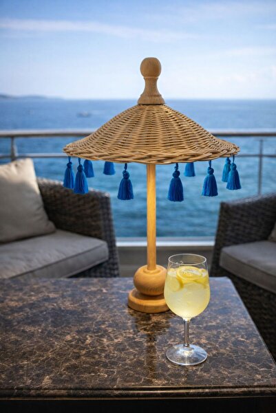 Rosina Mavi Püsküllü Dekoratif Bali Şemsiyesi,45 Cm