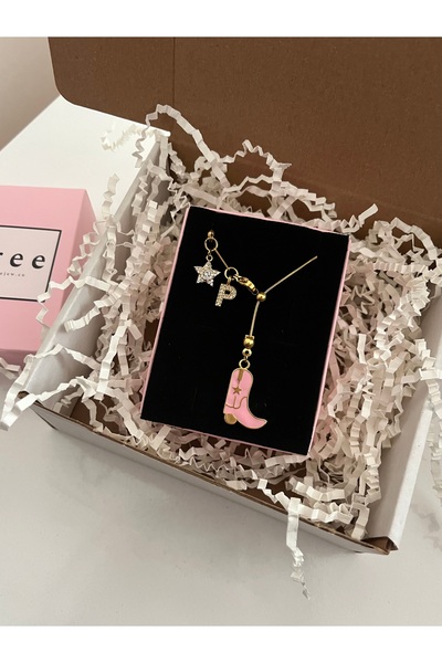 RAREE Kovboy çizmesi, zirkon harf ve yıldızlı çelik asansörlü y kolye