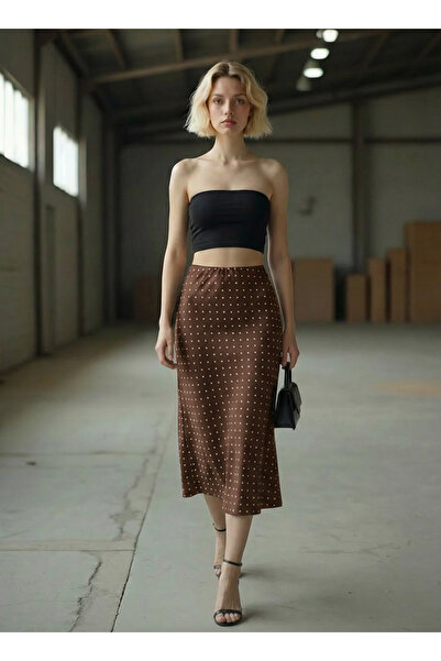 Hisleria Polka Dot Patterned Verev Viscose Satin Fabric Midi Skirt - Bitter Brown