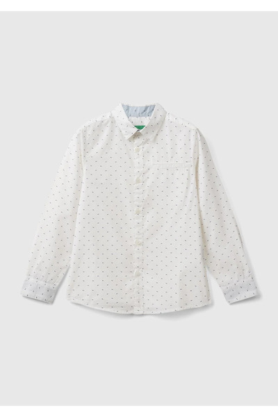 Benetton United Colors of Boys' White Micro Patterned Long Sleeve Poplin Shir...