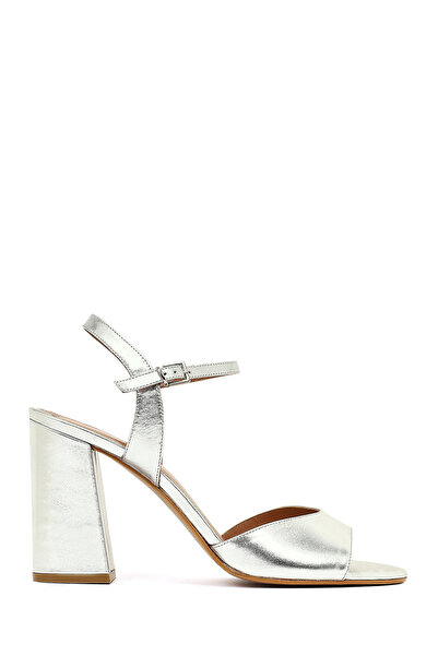 Derimod Women's Silver Ankle Buckle Thick Heeled Metallic Leather Sandals 26S...
