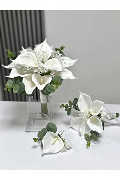 Paparti Beyaz Gala Gelin Buketi | Atma Çiçeği & Damat Yaka Çiçeği Hediye