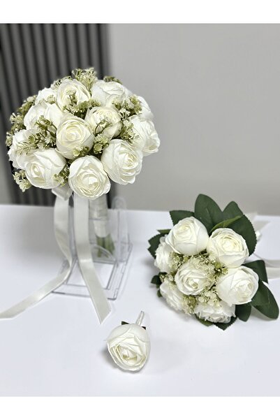 Paparti Krem Şakayık Gelin Buketi | Atma Çiçeği & Damat Yaka Çiçeği Hediye