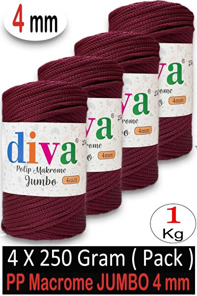 Diva İplik 1 кг полиестер макраме джъмбо (4 мм) 110U1560 бордо (опаковка от 4)