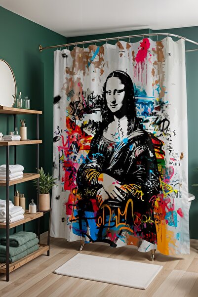 EVPANYA Perdeau de baie, perdea de duș cu model Graffiti Mona Lisa, perdea pe...