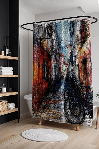 EVPANYA Perdeau de baie, perdea de duș cu model de biciclete în linie complex...