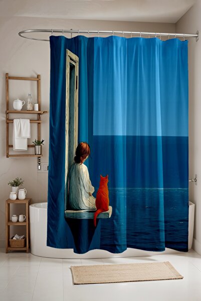 EVPANYA Perdeau de baie, perdea de duș cu model pisică și femeie în peisaj, p...