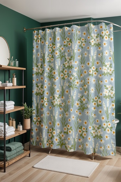 EVPANYA Perdeau de baie, Perdeau de duș cu model margarete albastre în grădin...