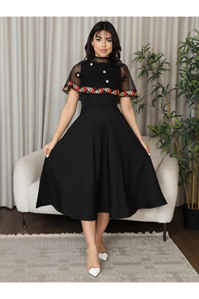 TREN Beautiful Feminine Midi Dress Featuring Colorful Ribbon Embroidery And R...