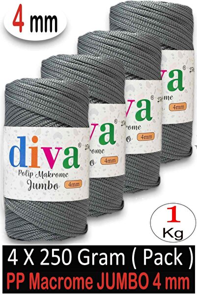 Diva İplik 1 kg Polyester Macrame Jumbo (4 mm) 64U423 Gray (Pack of 4)