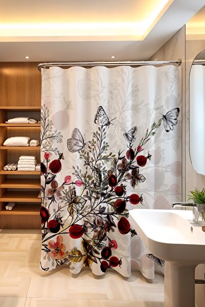 EVPANYA Perdeau de baie, perdea de duș cu model Red Orchard, perdea pentru ca...