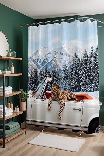 EVPANYA Bathroom Curtain, Snowy Road with Leopard Pattern Shower Curtain, Bat...