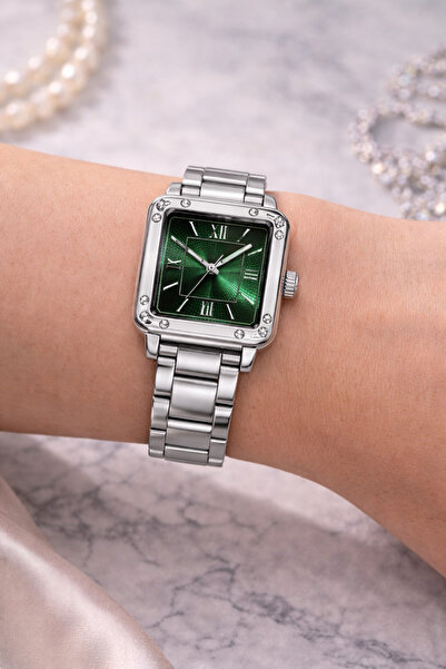 matheon Women's Silver Square Case Green Dial Stone Detailed Metal Band Watch...