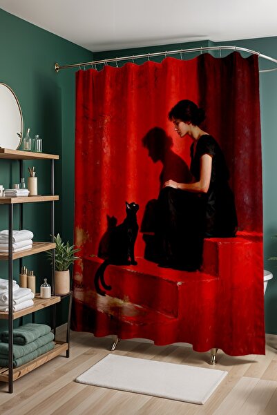 EVPANYA Perdeau de baie, Perdeau de duș cu model Femeie cu pisică pe scară ro...